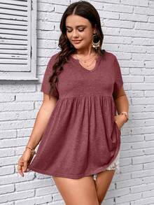 SHEIN LUNE Camiseta de cuello de muesca peplum - Rojo - Ver 3