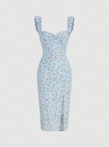 SHEIN MOD Ditsy Floral Print Ruffle Trim Split Thigh Dress - Baby Blue - View 1