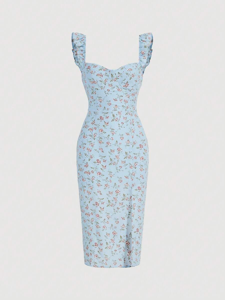 SHEIN MOD Ditsy Floral Print Ruffle Trim Split Thigh Dress - Baby Blue - View 1