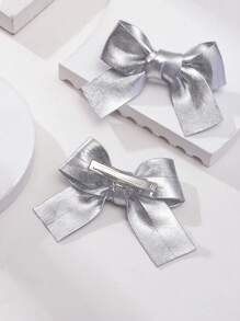 1pair Girls' Sparkling Bow Hair Clips, Solid Color Fabric Bowknot Hairpins Suitable For Daily Life Or Parties - Silver - View 3