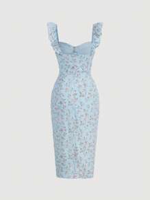 SHEIN MOD Ditsy Floral Print Ruffle Trim Split Thigh Dress - Baby Blue - View 2
