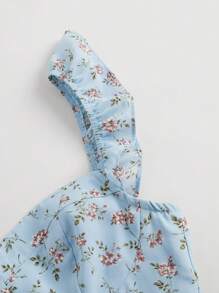SHEIN MOD Ditsy Floral Print Ruffle Trim Split Thigh Dress - Baby Blue - View 3