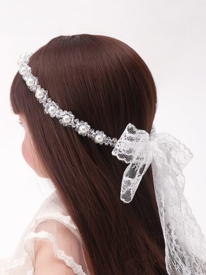 1pc Girls' New Spring/Summer Collection Daisy Flower Crystal Lace Pearl Headband Suitable For Daily, Vacation Or Party Wear