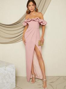 L'Amorae 一字肩荷葉邊圍裹高衩連衣裙 - 淺粉色 - 查看 1