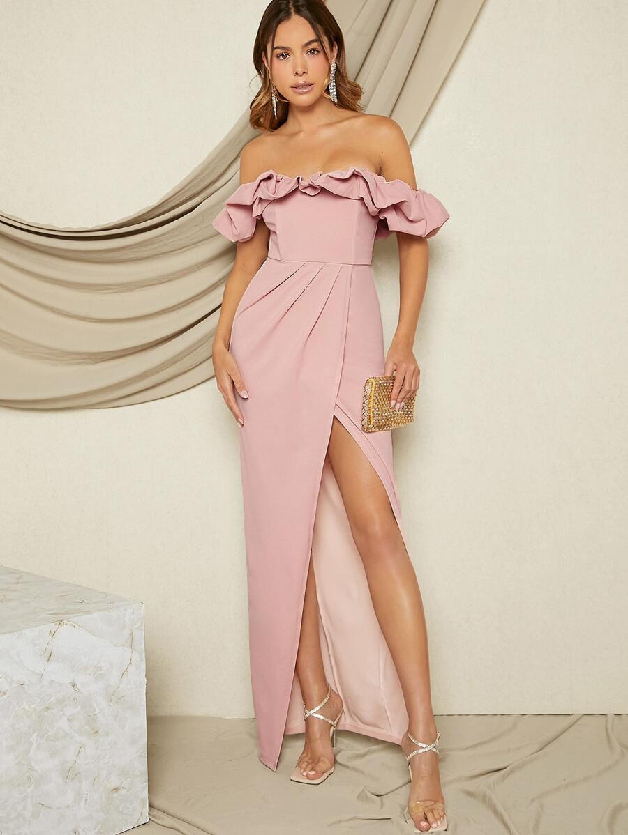 L'Amorae 一字肩荷葉邊圍裹高衩連衣裙 - 淺粉色 - 查看 1