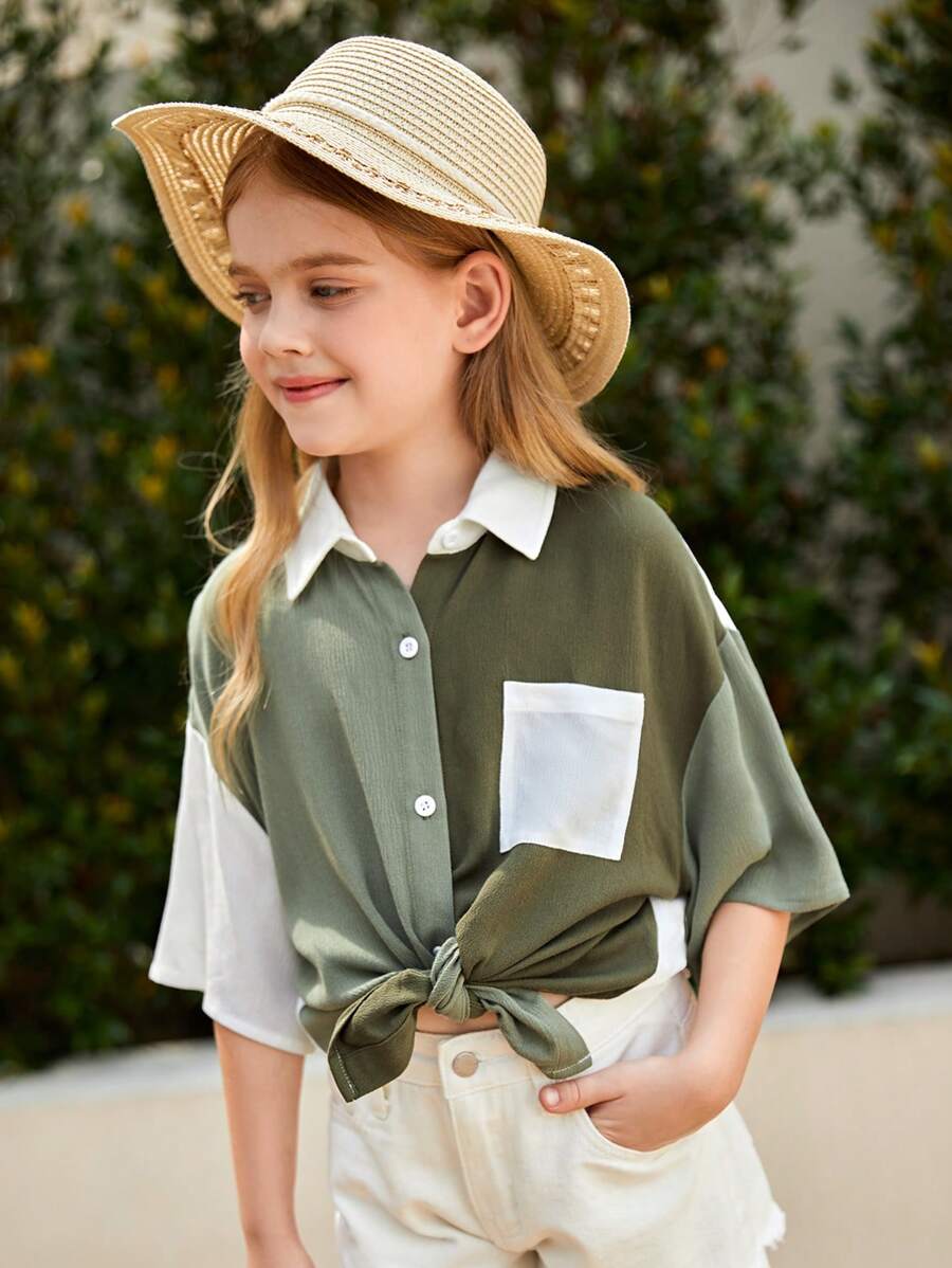 SHEIN Áo cánh Gái Túi Nút phía trước Khối Màu Giải trí - Nhiều màu - Xem 1