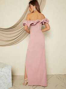 L'Amorae 一字肩荷葉邊圍裹高衩連衣裙 - 淺粉色 - 查看 2
