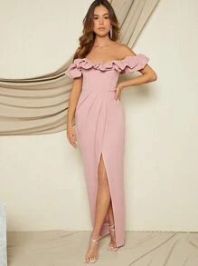 L'Amorae 一字肩荷葉邊圍裹高衩連衣裙 - 淺粉色 - 查看 5