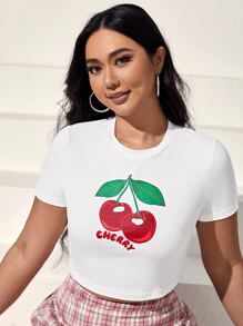 SHEIN EZwear Áo thun Plus size Lá thư Rau quả Giải trí - trắng - Xem 6