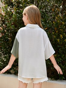 SHEIN Áo cánh Gái Túi Nút phía trước Khối Màu Giải trí - Nhiều màu - Xem 2