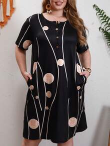 大碼波點圖案隱藏口袋洋裝 - 黑色 - 查看 6