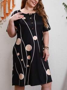 大碼波點圖案隱藏口袋洋裝 - 黑色 - 查看 5