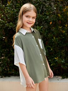 SHEIN Áo cánh Gái Túi Nút phía trước Khối Màu Giải trí - Nhiều màu - Xem 3