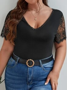 SHEIN Frenchy Plus Contrast Lace Tee - Black - View 2