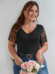 SHEIN Frenchy Plus Contrast Lace Tee - Black - View 3