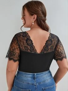 SHEIN Frenchy Plus Contrast Lace Tee - Black - View 5