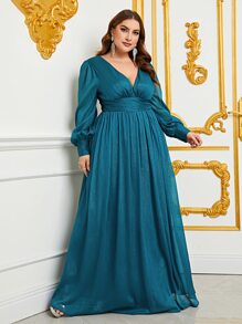 Plus Plunge Neck Lantern Sleeve Ruched Waistband Formal Dress - Dark Green - View 1