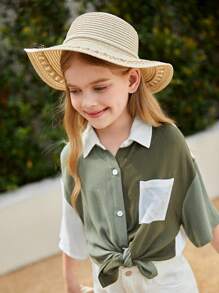 SHEIN Áo cánh Gái Túi Nút phía trước Khối Màu Giải trí - Nhiều màu - Xem 4