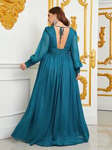 Plus Plunge Neck Lantern Sleeve Ruched Waistband Formal Dress - Dark Green - View 2