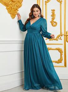 Plus Plunge Neck Lantern Sleeve Ruched Waistband Formal Dress - Dark Green - View 3