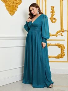 Plus Plunge Neck Lantern Sleeve Ruched Waistband Formal Dress - Dark Green - View 4