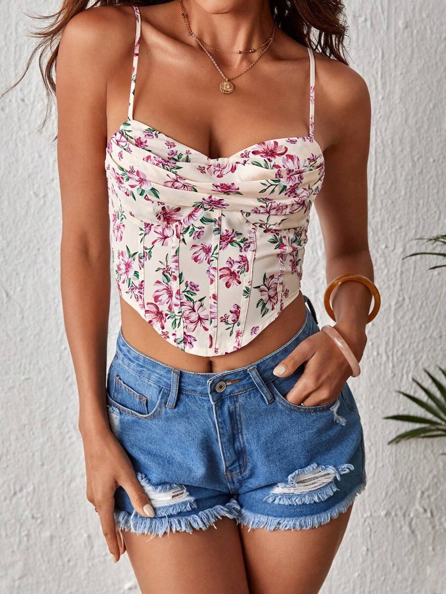 SHEIN VCAY Floral Print Draped Collar Cami Top - Multicolor - View 1