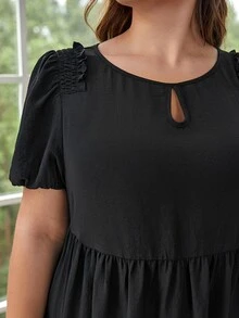 SHEIN Frenchy Plus Keyhole Neckline Puff Sleeve Smock Dress - Black - View 2
