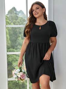 SHEIN Frenchy Plus Keyhole Neckline Puff Sleeve Smock Dress - Black - View 4