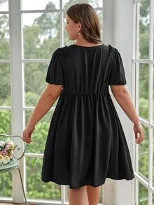 SHEIN Frenchy Plus Keyhole Neckline Puff Sleeve Smock Dress - Black - View 6