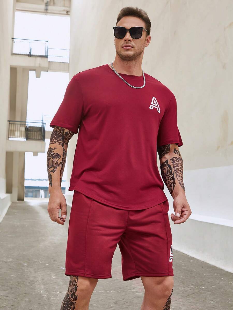 Manfinity Men Plus Letter Graphic Tee & Drawstring Waist Shorts