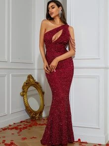 LOVE&LEMONADE Đầm Cắt ra Dây kéo màu trơn Buổi tiệc - Màu Đỏ Sâu - Xem 4