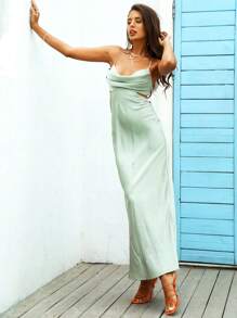 垂領露背交叉緞面吊帶連衣裙 - 薄荷綠 - 查看 4