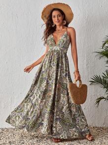 SHEIN VCAY 佩斯利印花交叉露背吊帶連衣裙 - 卡其色 - 查看 1