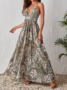 SHEIN VCAY 佩斯利印花交叉露背吊帶連衣裙 - 卡其色 - 查看 3