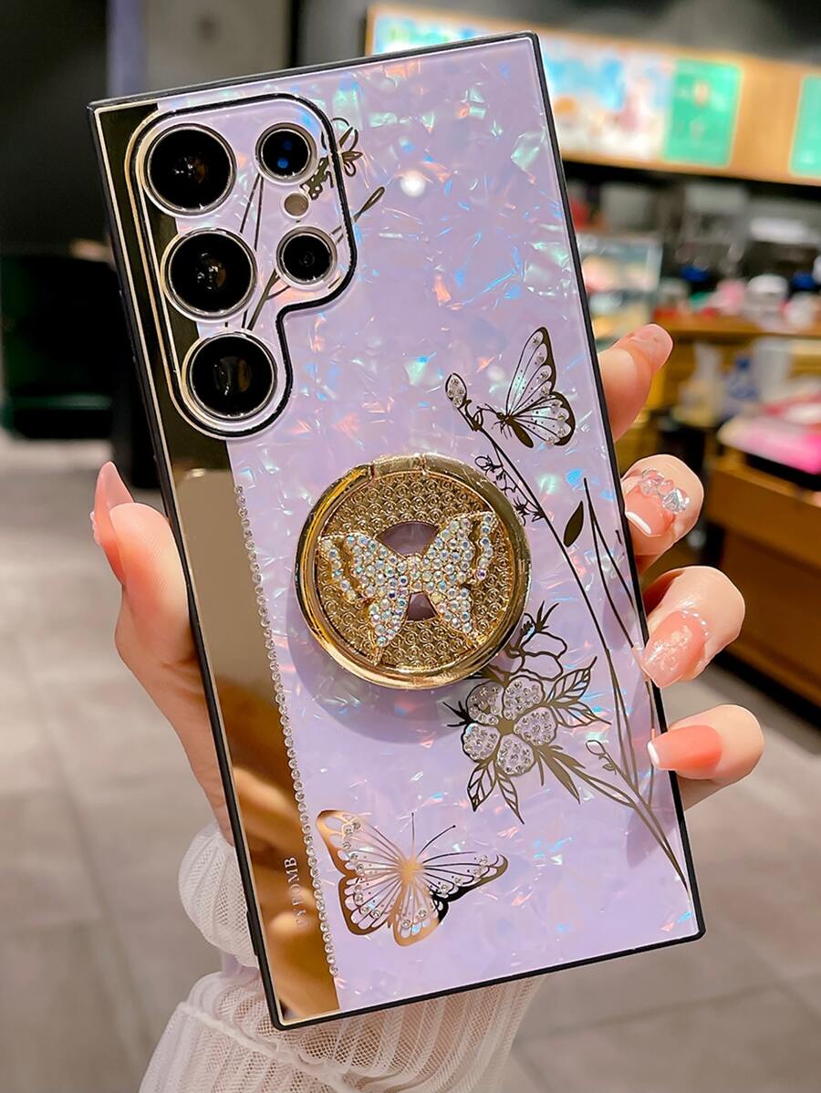 适用于 16的蝴蝶图案手机壳，带指环支架，国际版，非国内版 - 紫色 - 查看 1