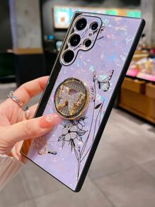 适用于 16的蝴蝶图案手机壳，带指环支架，国际版，非国内版 - 紫色 - 查看 2