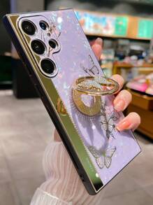 适用于 16的蝴蝶图案手机壳，带指环支架，国际版，非国内版 - 紫色 - 查看 3