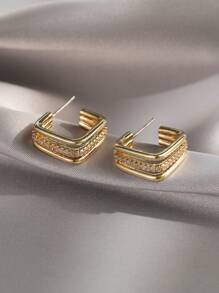1pair Fashionable Cubic Zirconia Decor Geometric Cuff Hoop Earrings For Women For Daily Decoration - Yellow Gold - View 5