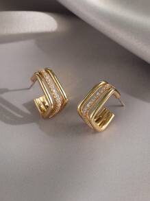 1pair Fashionable Cubic Zirconia Decor Geometric Cuff Hoop Earrings For Women For Daily Decoration - Yellow Gold - View 6