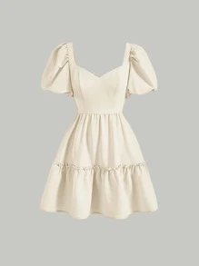 SHEIN MOD 雞心領口泡泡袖荷葉邊洋裝 - 米色 - 查看 1