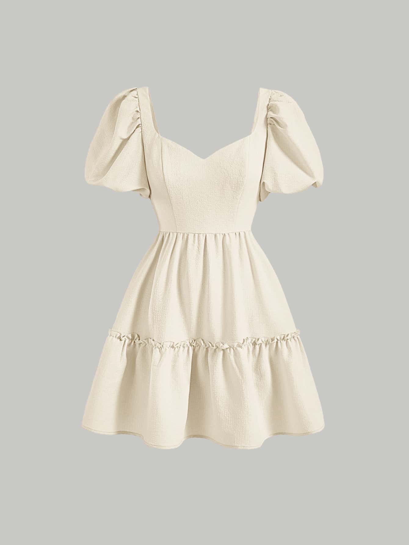 SHEIN MOD 雞心領口泡泡袖荷葉邊洋裝 - 米色 - 查看 1