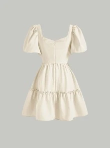 SHEIN MOD 雞心領口泡泡袖荷葉邊洋裝 - 米色 - 查看 2