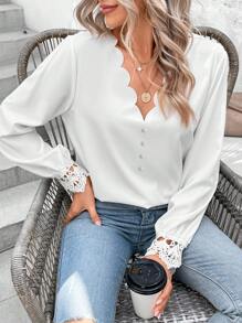 SHEIN LUNE Guipure Lace Insert Scallop Trim Button Front Blouse - White - View 1
