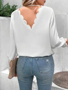 SHEIN LUNE Guipure Lace Insert Scallop Trim Button Front Blouse - White - View 2