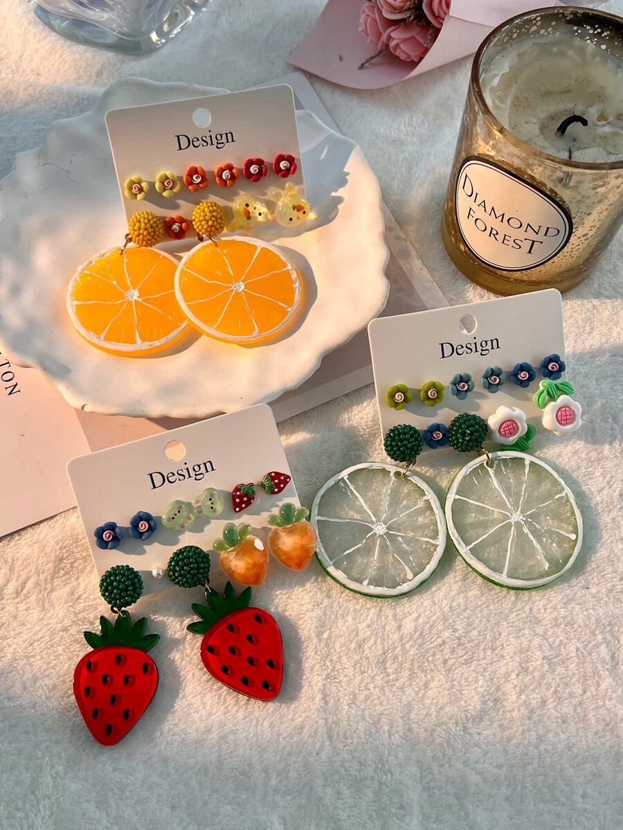 5 cặp/bộ Bông tai trang trí hình quả dâu tây và hoa dễ thương cho phụ nữ để trang trí hàng ngày - Đỏ - Xem 1