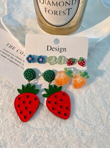 5 cặp/bộ Bông tai trang trí hình quả dâu tây và hoa dễ thương cho phụ nữ để trang trí hàng ngày - Đỏ - Xem 2