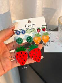 5 cặp/bộ Bông tai trang trí hình quả dâu tây và hoa dễ thương cho phụ nữ để trang trí hàng ngày - Đỏ - Xem 5