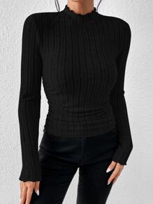 SHEIN Essnce Lettuce Trim Mock Neck Tee - Black - View 3