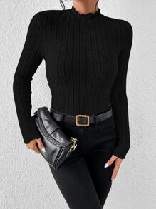 SHEIN Essnce Lettuce Trim Mock Neck Tee - Black - View 5