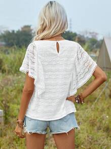 SHEIN LUNE Áo thun nữ Tương phản ren màu trơn Giải trí - trắng - Xem 4
